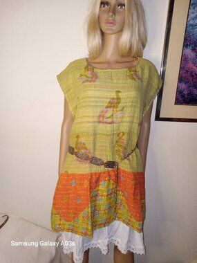 Kantha Sleeveless Tunic/Dress Peacocks L-2X "Summer Breeze" Artisan New KT1.